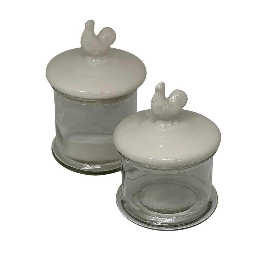 VTG Glass Canister Jar Set of 2 Porcelain Rooster Lids Farmhouse Kitchen Decor